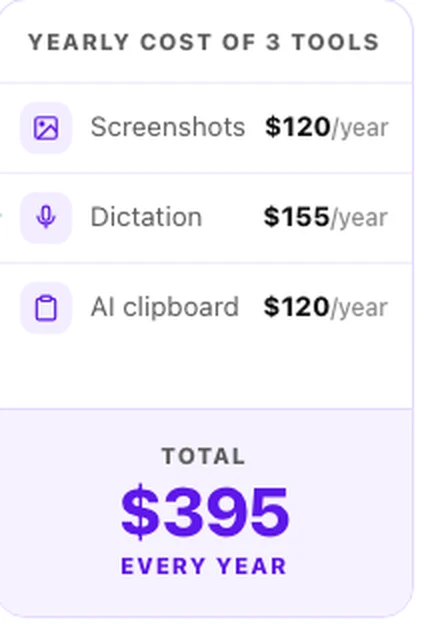 CopyCat's cost table listing three competing subscriptions totalling $395 every year