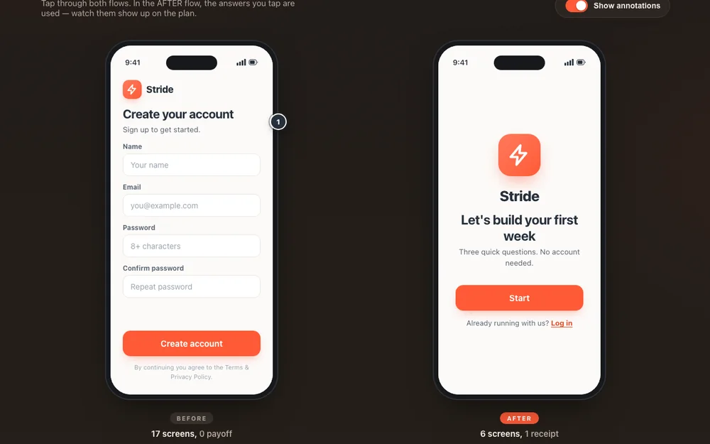 Before and after rebuild for the onboarding deep-dive