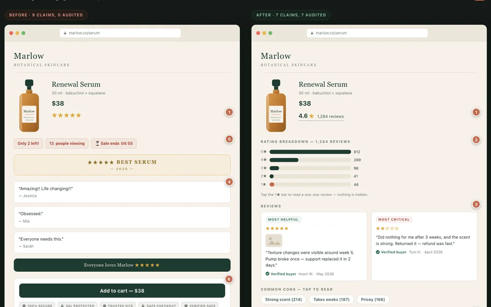 Before and after rebuild for the social proof deep-dive